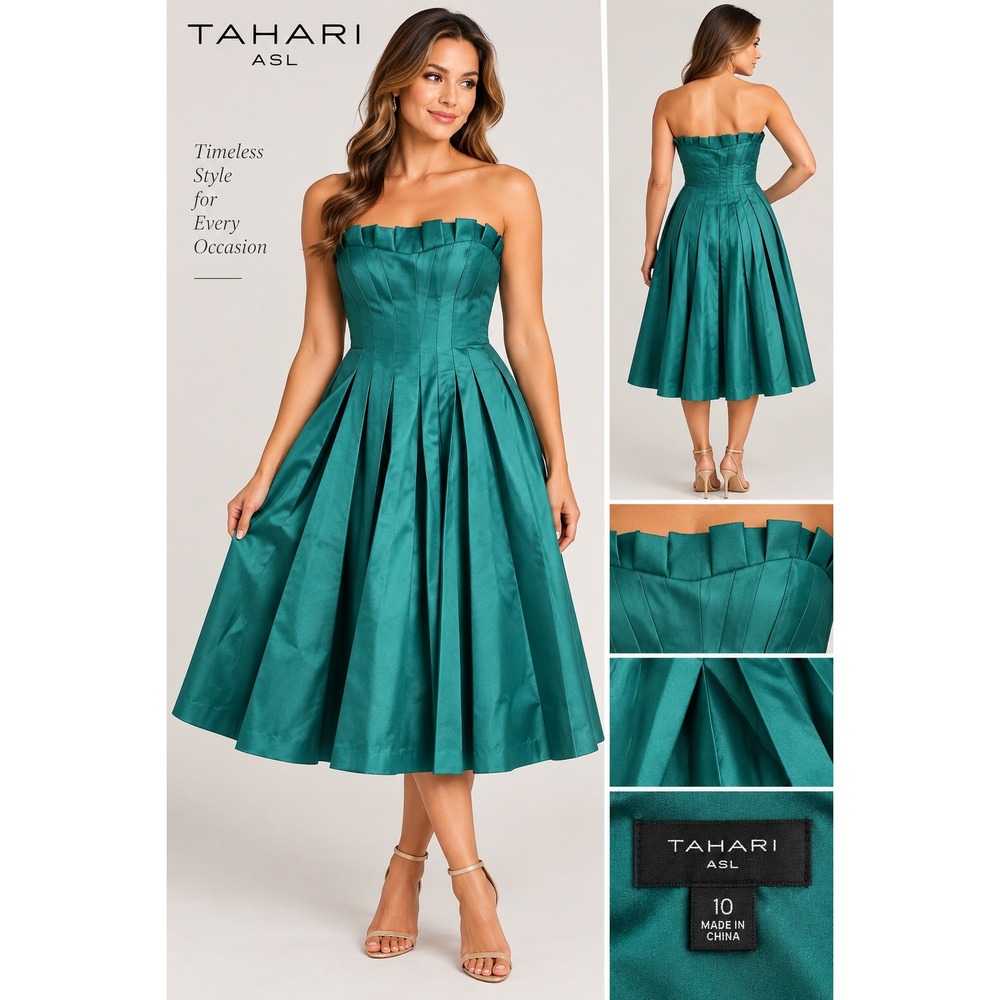 Tahari ASL Ruffle Bodice Corset Midi Dress Jewel Green Strapless Pleated 10